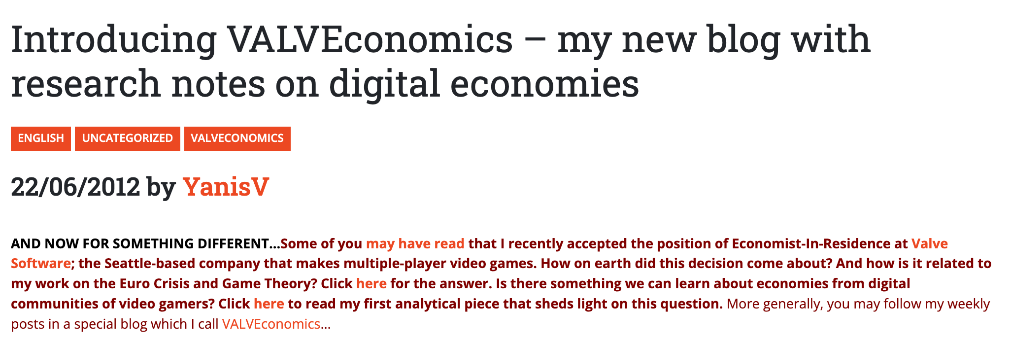 Blog de Yanis Varoufakis sur Valveconomics